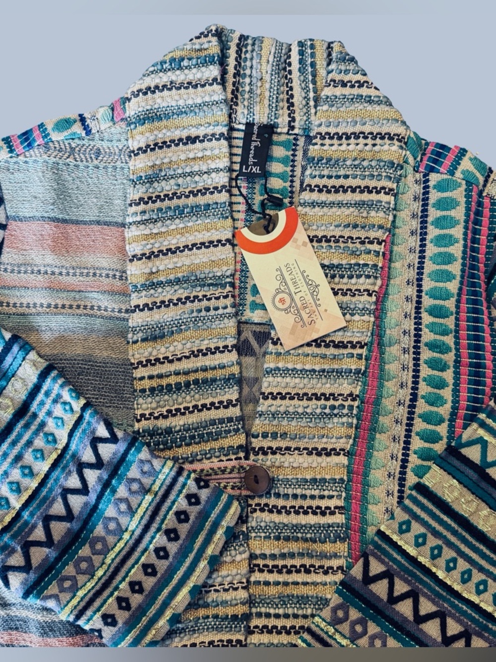 Sacred Threads Striped Boho Long Cardigan Coat in Blue & Pastels - Picture 4 of 8